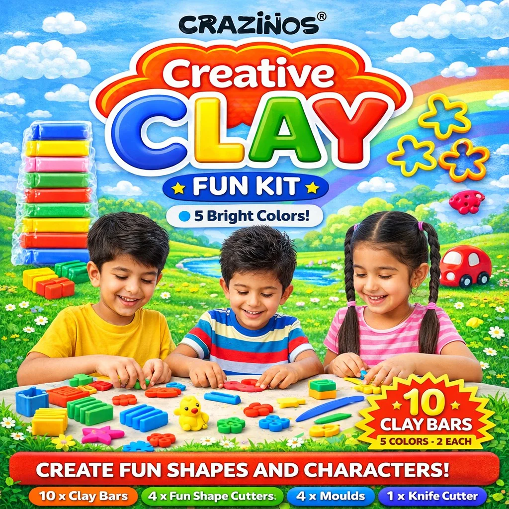 Crazinos Creative Clay Fun bucket for Kids | 10 Clay Bars (5 Colors × 2 Each) | 8 Moulds & 1 Knife | DIY Art & Craft Toy for Kids - Image 3