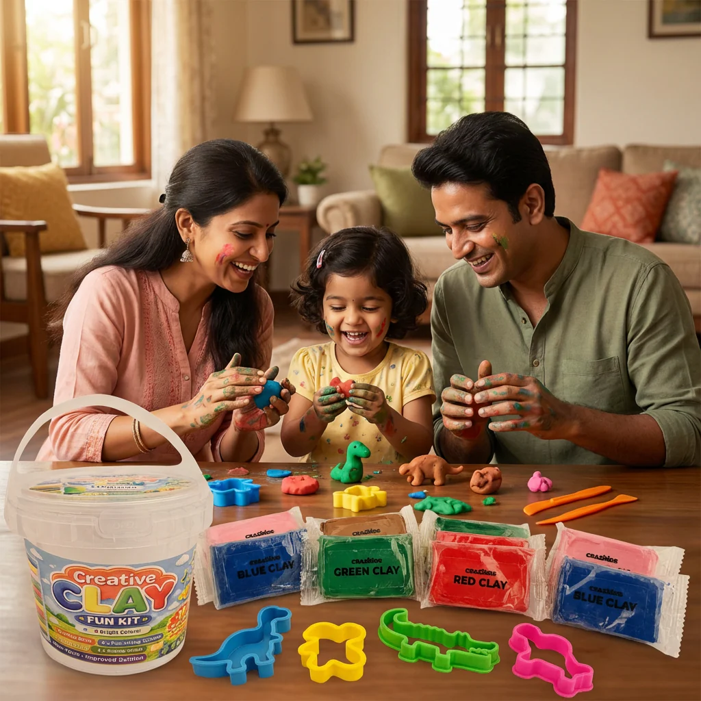 Crazinos Creative Clay Fun bucket for Kids | 10 Clay Bars (5 Colors × 2 Each) | 8 Moulds & 1 Knife | DIY Art & Craft Toy for Kids - Image 4