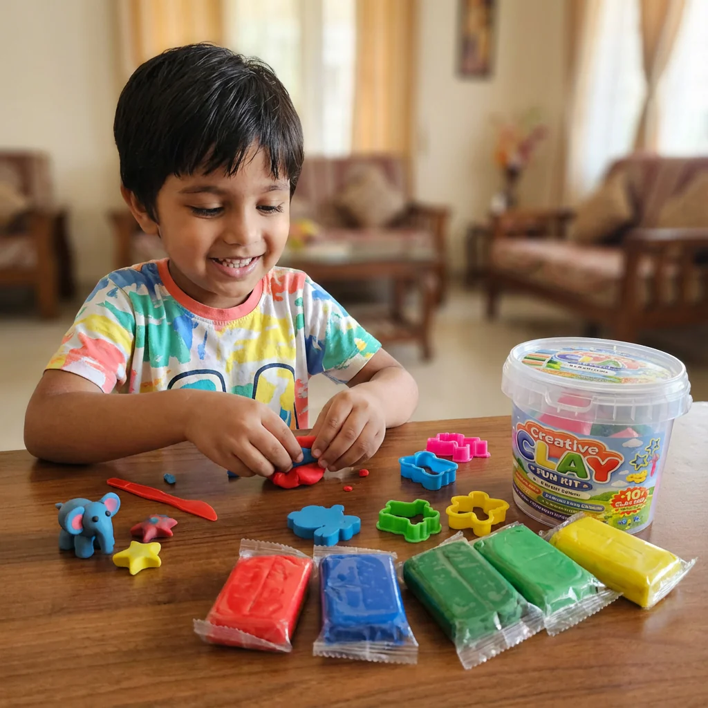 Crazinos Creative Clay Fun bucket for Kids | 10 Clay Bars (5 Colors × 2 Each) | 8 Moulds & 1 Knife | DIY Art & Craft Toy for Kids - Image 5