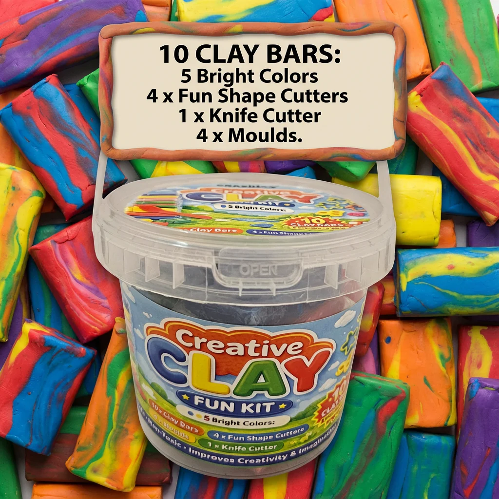 Crazinos Creative Clay Fun bucket for Kids | 10 Clay Bars (5 Colors × 2 Each) | 8 Moulds & 1 Knife | DIY Art & Craft Toy for Kids - Image 7