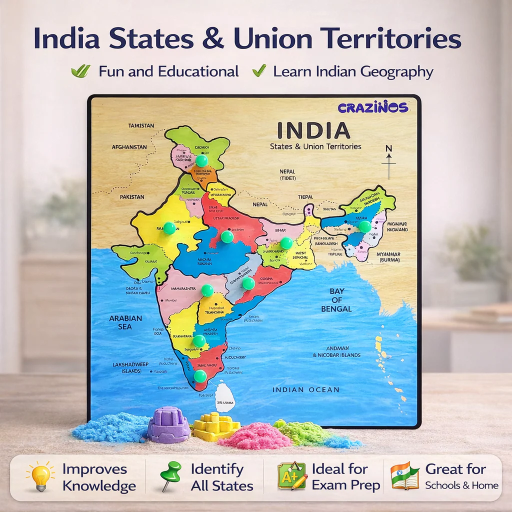 Crazinos Kids Learning Combo Pack | Kinetic Sand 1kg + 6-in-1 Board Games + India Map Puzzle + Tangram + Musical Water Whistle | STEM & Sensory Educational Toys for Kids Age 3+ - Image 5