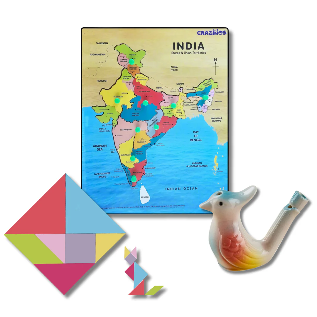 Crazinos Kids Learning Combo Pack | Kinetic Sand 1kg + 6-in-1 Board Games + India Map Puzzle + Tangram + Musical Water Whistle | STEM & Sensory Educational Toys for Kids Age 3+ - Image 9