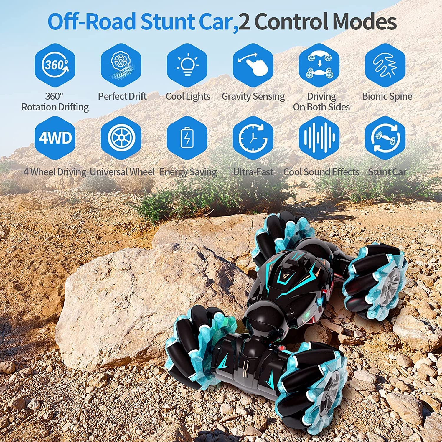 RC Stunt Car with Gesture Sensor, 2.4Ghz 4WD Double-Sided Off-Road Vehicle, 360 Degree Flips with Lights and Music for Kids Birthday Gift - Image 3