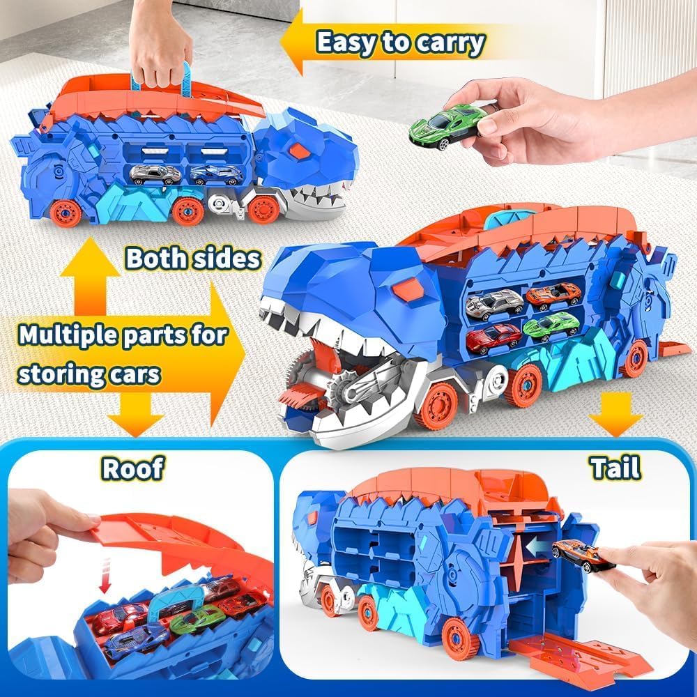 Transport Dinosaur Truck with Foldable Sliding 20-Inch Race Track, Transforms into Standing T-rex, Toys for 3 4 5 6 7 8 Years Old Kids Boys&Girls - Image 3