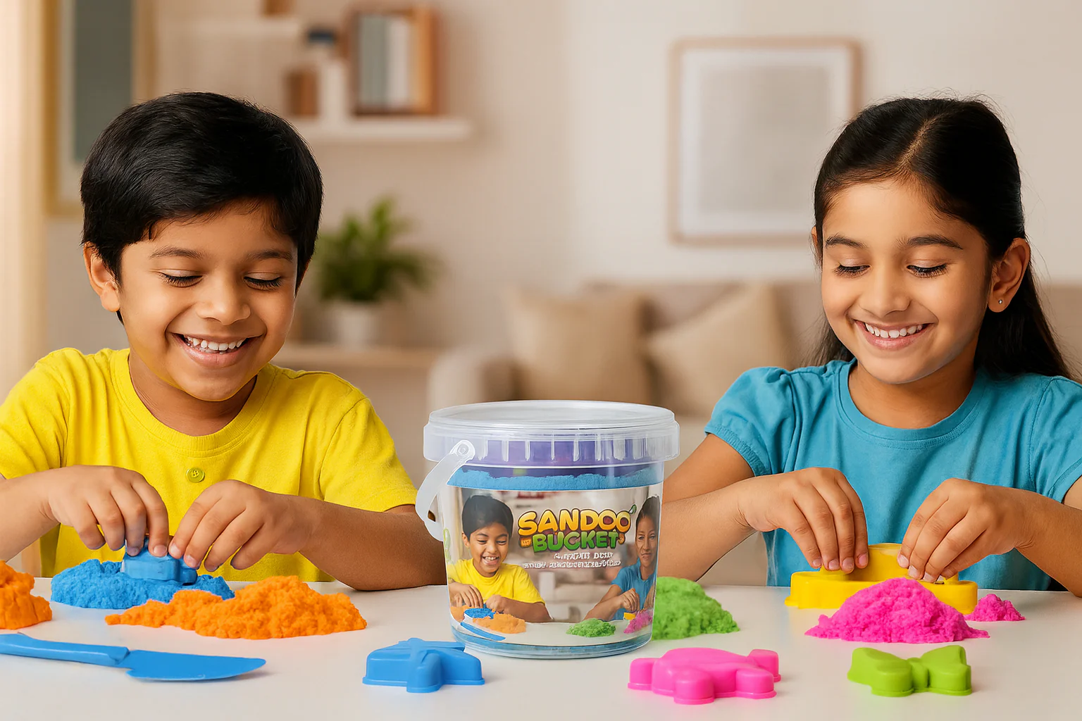 Sandoo Bucket | 1Kg Kinetic Sand for Kids with 15 Moulds & Tools | Magic Sensory Sand Toy Set for Boys & Girls Age 3+ | DIY Educational Activity Kit & Birthday Gift Idea - Image 4